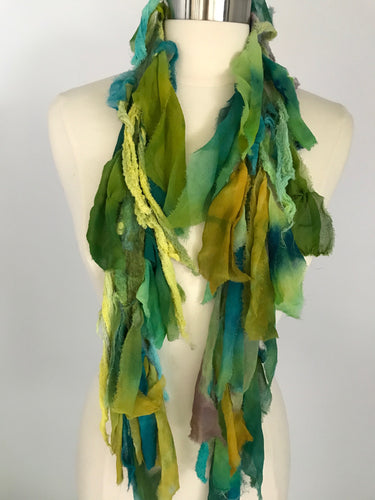 Hummingbird: greens, gold silk shoulder wrap