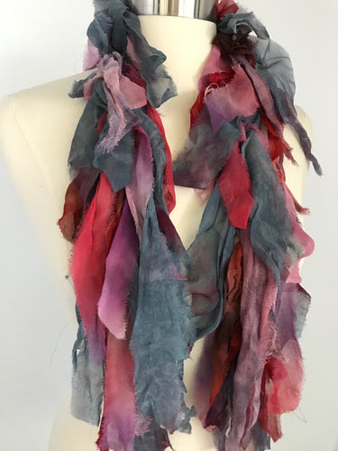 Silk chiffon shoulder wrap blue-grays and reds